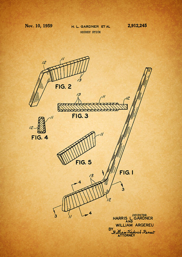 1959 Hockey Stick Patent Drawing by Dan Sproul