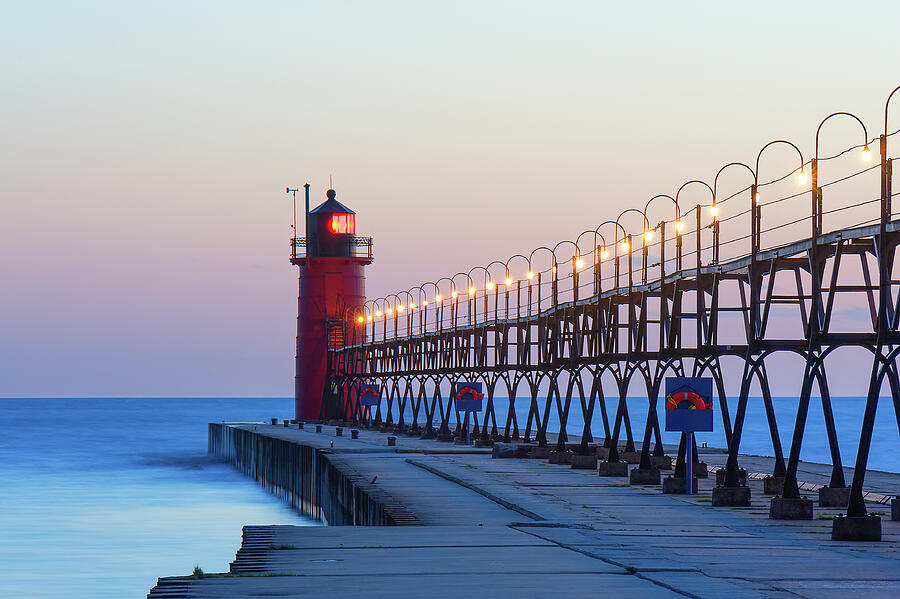 Red Lighthouse at Sunset Photograph - South Haven South Pier Light after Sunset #2 by Michael Collins