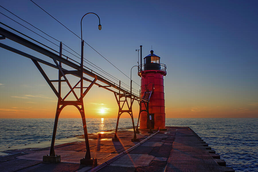 Lighthouse at Sunset by the Sea Photograph - South Haven South Pier Light at Sunset #2 by Michael Collins