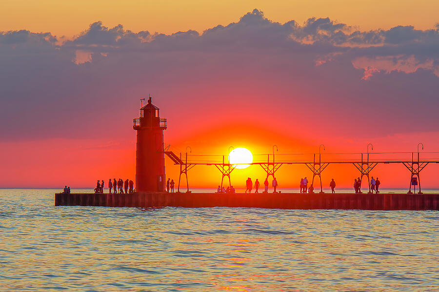Sunset at the Lighthouse Pier Photograph - Sunset at the South Haven South Pier Light #2 by Michael Collins