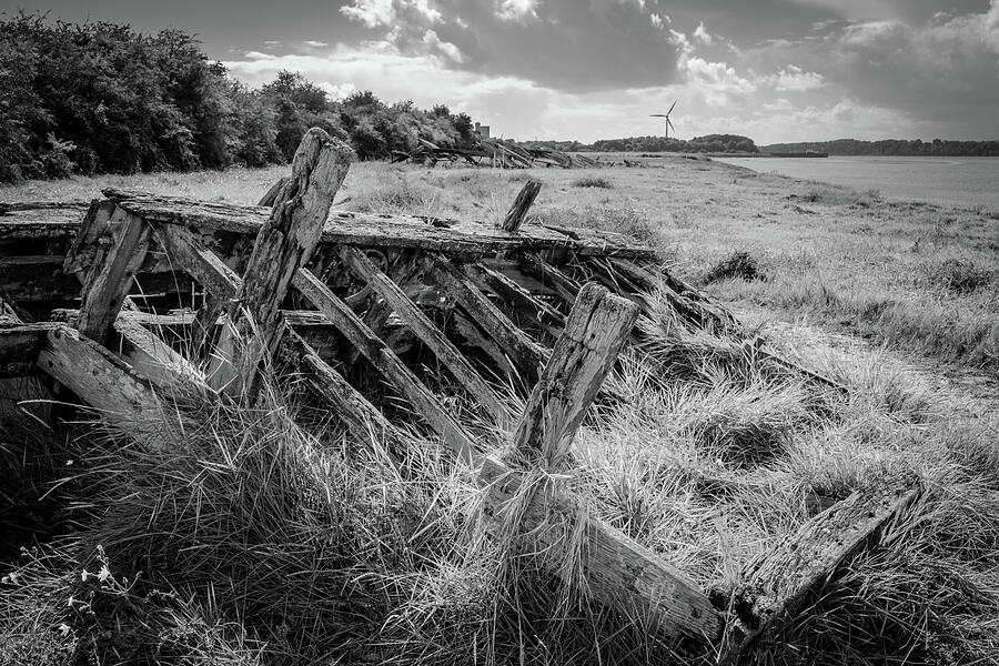 Abandoned Shipwreck on Grassy Shore Photograph - Historic tidal river bank erosion protection scheme at Purton Hu #3 by Seeables Visual Arts