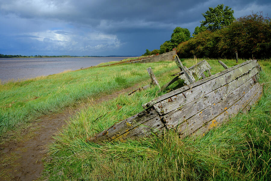 Abandoned Wooden Boat by Riverside Photograph - Historic tidal river bank erosion protection scheme at Purton #5 by Seeables Visual Arts