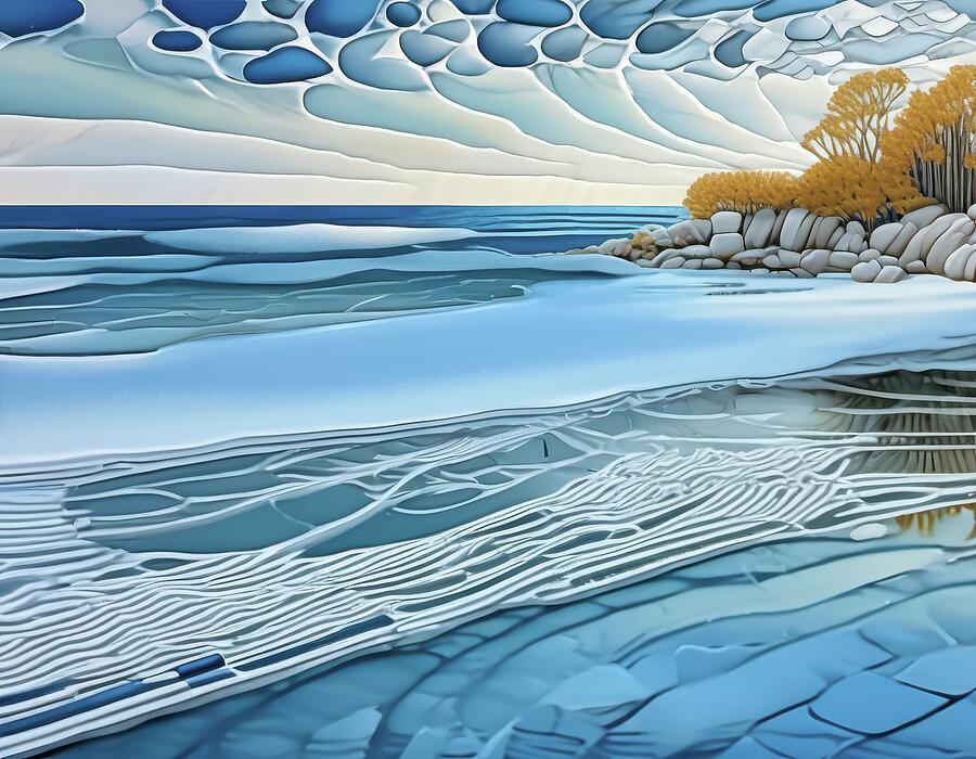 Serene Coastal Tapestry Digital Art - A Bubble Cloud Kind Of Day by Eris And AI