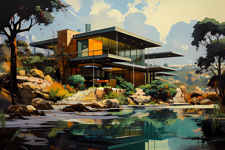 A mid-century modern style painting of a smart home No 1 Digital Art by Andre Petrov