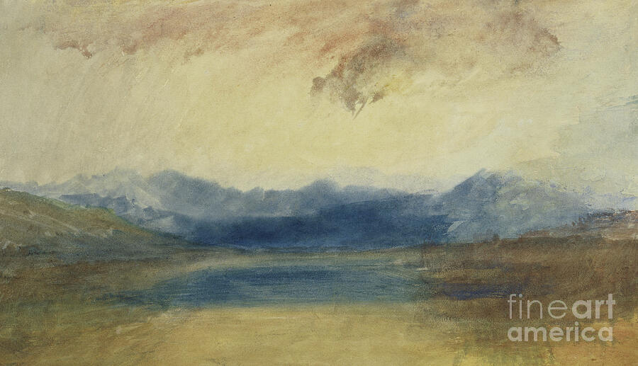 A Mountainous Landscape with a Lake, watercolor by Turner Painting