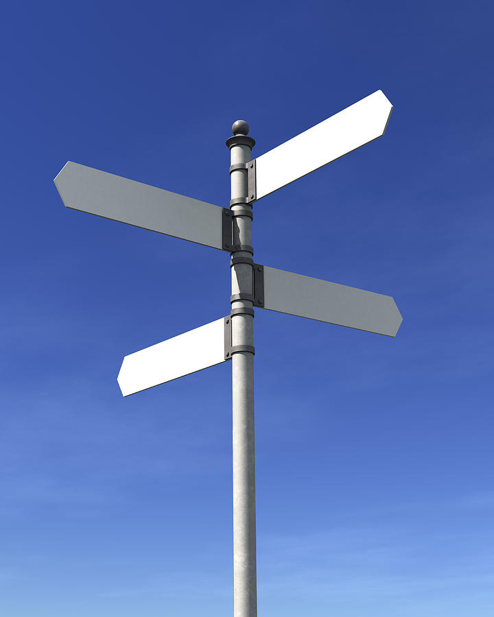 A pole with 4 blank street signs pointing at 4 directions Photograph by -Antonio-