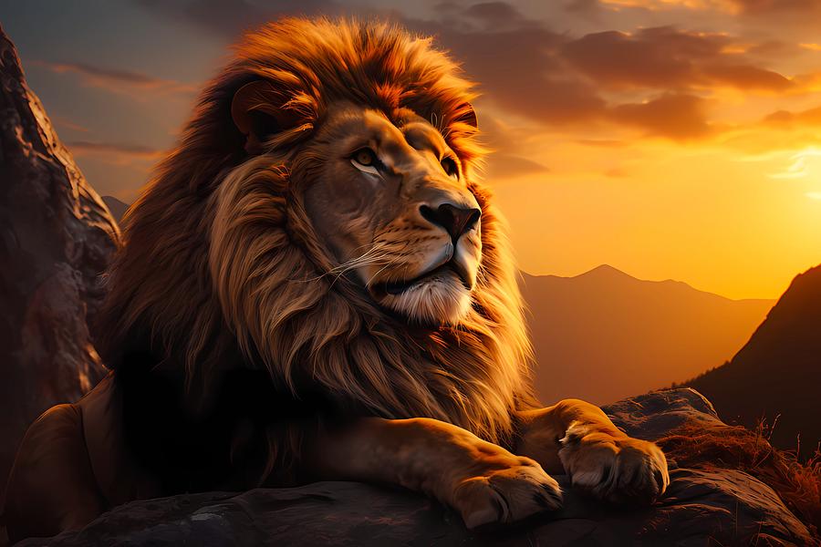 A proud lion watching over his pride at sunset No 2 Digital Art by Andre Petrov