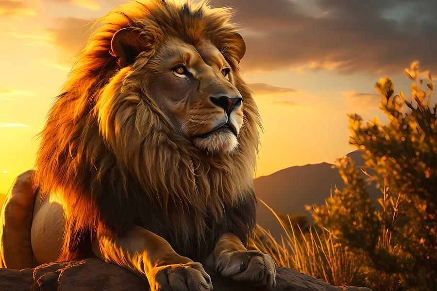 A proud lion watching over his pride at sunset No 3 Digital Art by Andre Petrov