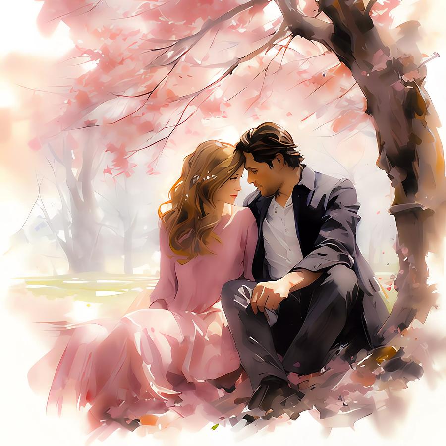 A romantic couple sitting under a cherry blossom tree Digital Art by Andre Petrov