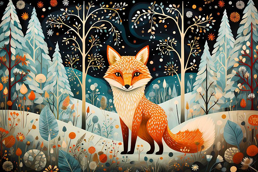 A Scandinavian folk art depiction of a curious fox in a winter forest No 2 Digital Art by Andre Petrov