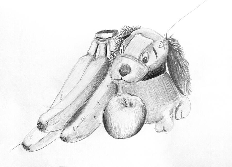 A Stuffed Puppy by an Apple and Banana Still Life Drawing by Michel Cruz-Garcia