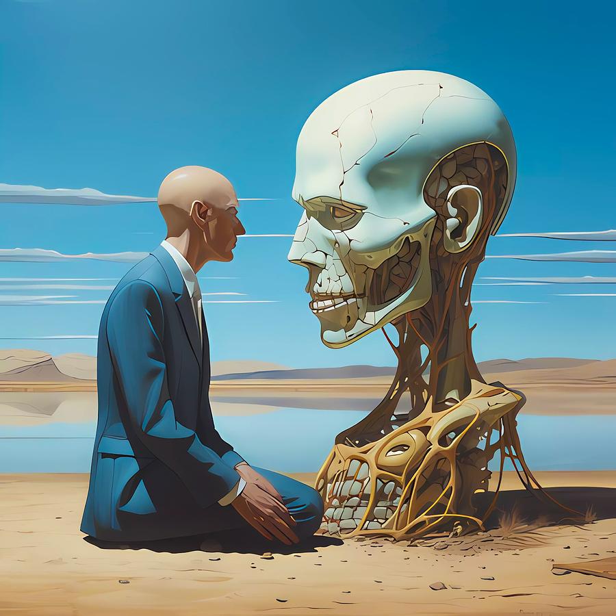 A surreal composition depicting a human contemplating a skull Digital Art by Andre Petrov