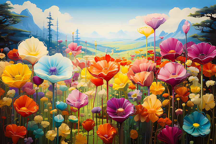 A surrealist painting featuring a landscape of giant, fantastical flowers No 2 Digital Art by Andre Petrov