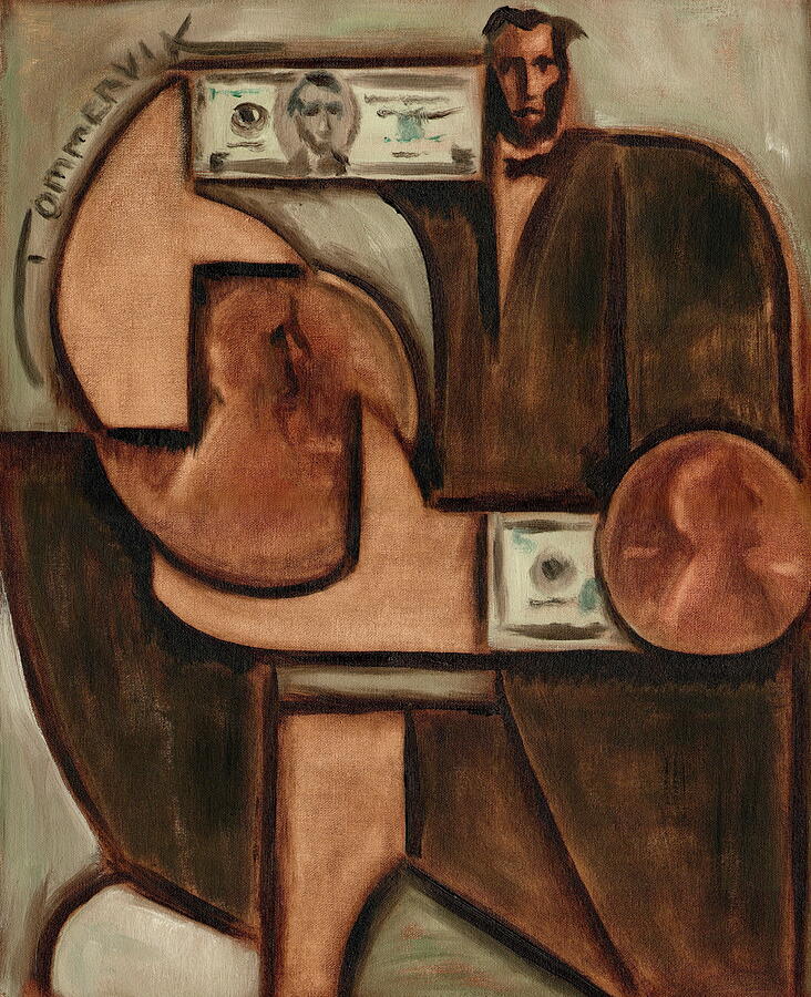 Abstract Depiction of Currency and Figures Painting - Abraham Lincoln Penny Art Print by Tommervik