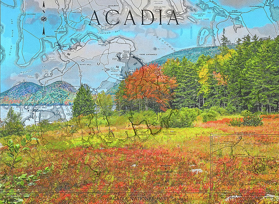 Acadia National Park Landscape With Map Mixed Media by Dan Sproul
