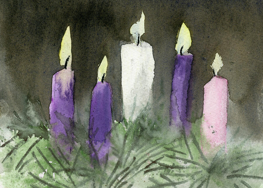 Advent Candles and Evergreen Wreath Painting by Elizabeth Reich