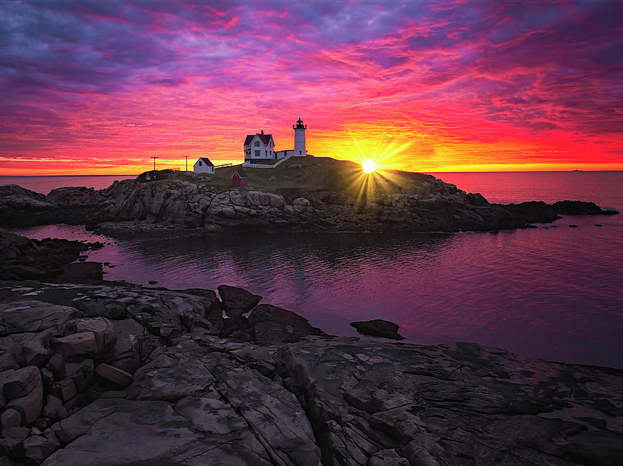 Aerial Nubble Lighthouse Sunrise Photograph by Susan Candelario