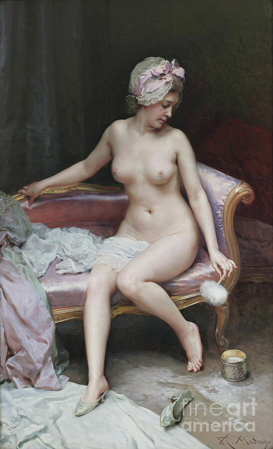Raimundo de Madrazo, After the Bath, c. 1895: a nude young woman in a lace cap sits on a pink silk sofa holding a powder puff, with silk and lace fabrics around her