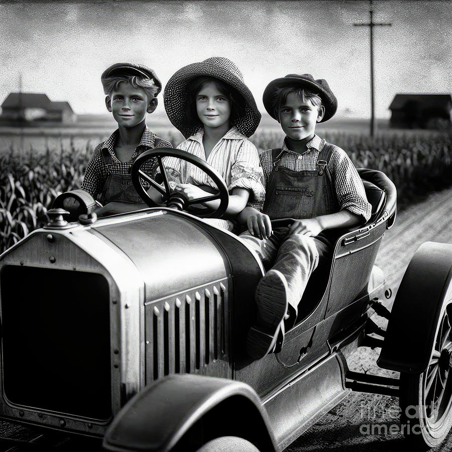 AI-generated farm children in 1920s car Digital Art by Eric Killorin