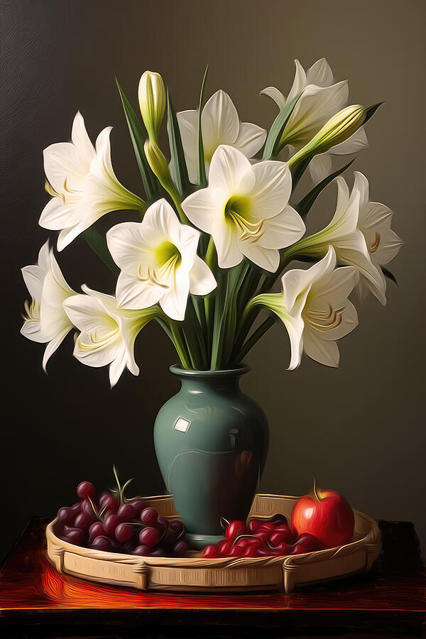 Lilies and Fruits Still Life Digital Art - Amaryllis Wall Art Floral Still Life by Nature Oil Painting