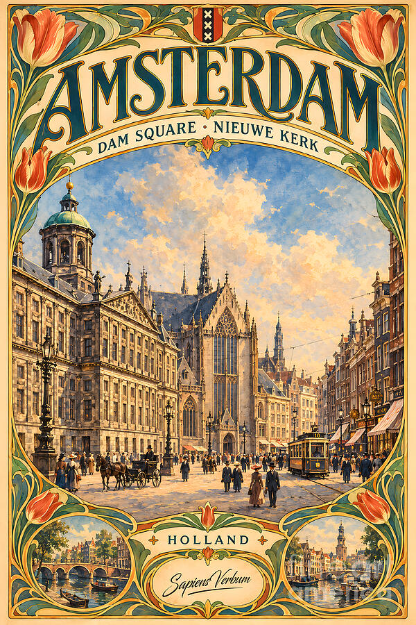 Amsterdam, Dam Square and Nieuwe Kerk: an Art Nouveau vintage travel poster with red tulips and the arms of Amsterdam in the border, the Gothic Nieuwe Kerk and the Royal Palace under a summer sky, a tram, a horse-drawn carriage and strollers in Belle Epoque dress, based on a postcard of about 1900