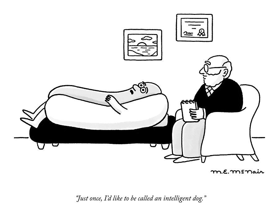 Talking Sausage on Therapist's Couch Drawing - An Intelligent Dog by Elisabeth McNair