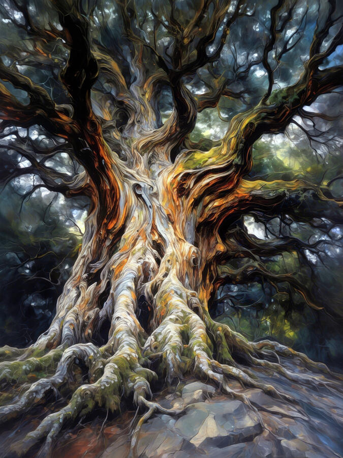Majestic Ancient Tree with Gnarled Roots Ai Art - Ancient Tree with Gnarled Roots by Ursula Abresch