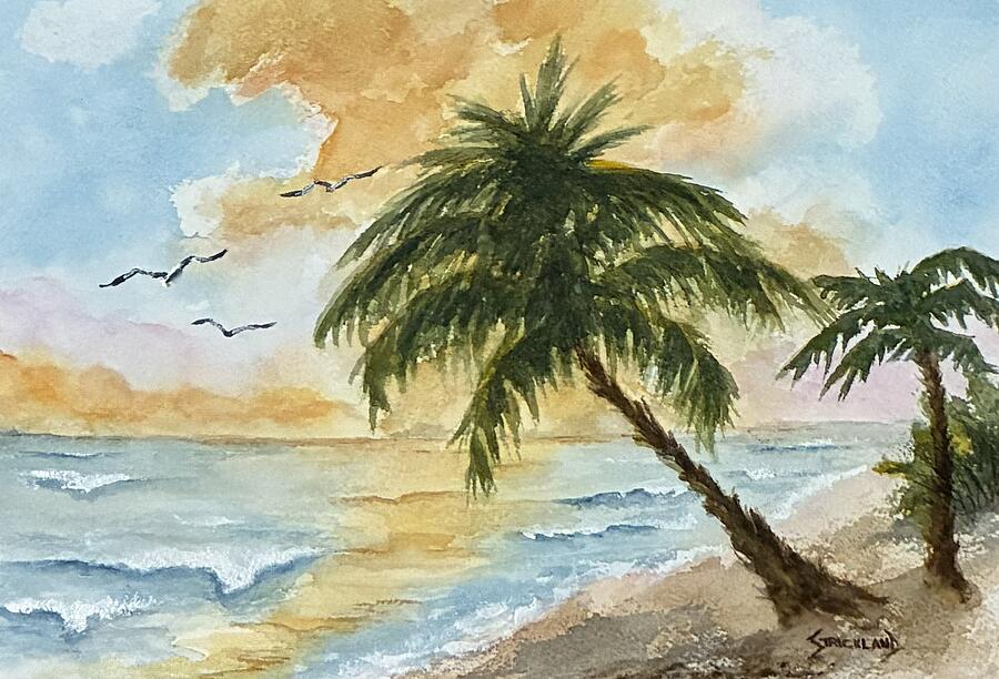 Tropical Beach at Sunset Painting - Another Day in Paradise by Judy Strickland