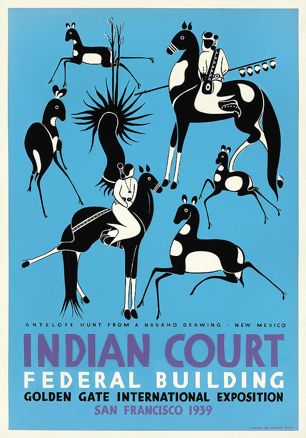 Antelope hunt - Navaho drawing - Vintage advertising poster for the Indian Court exhibit Mixed Media by Louis Siegriest