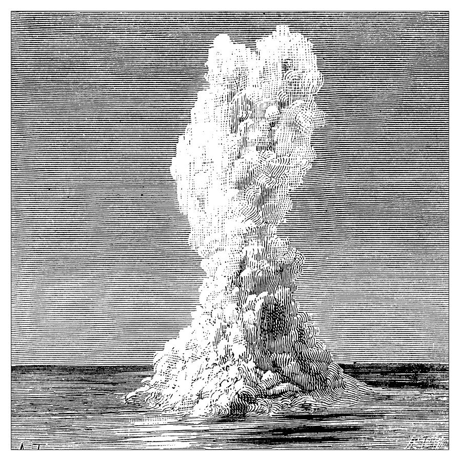 Antique illustration of torpedo missile explosion underwater Drawing by Ilbusca