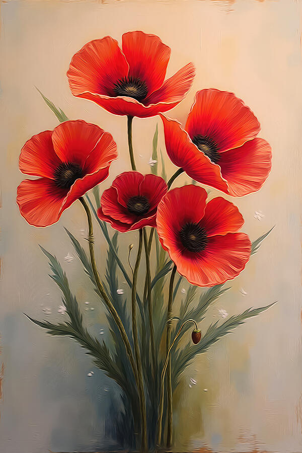 Antique Red Poppies Floral Still Life Digital Art by Nature Oil Painting