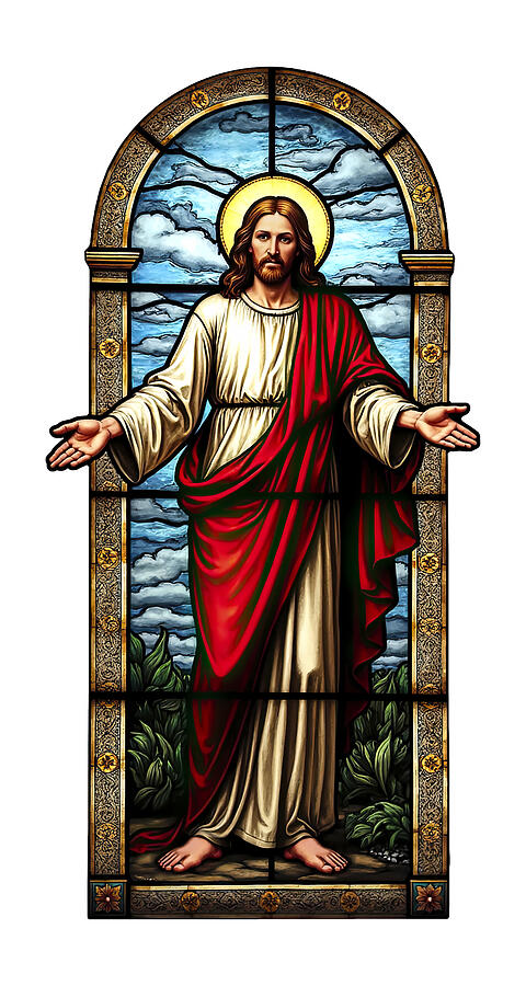 Antique Stained Glass Jesus Christ With Open Arms Digital Art by Reeves Abram - Pastor Reeves Studio - Metal Posters