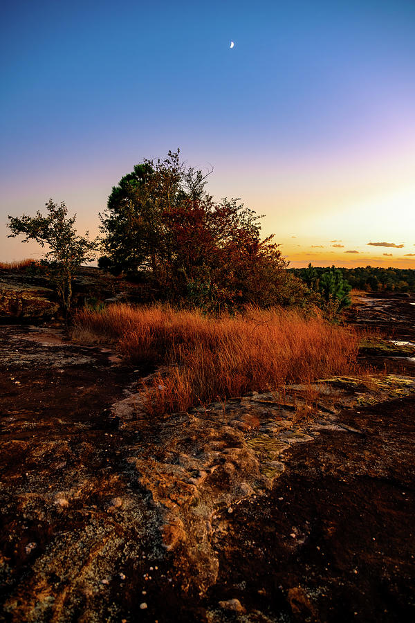 Arabia Mountain Moon and Sunset Photograph by Anthony Hightower