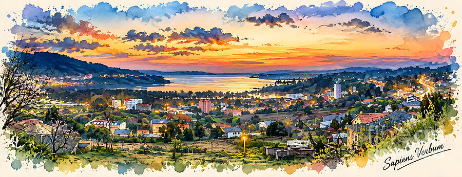 Ares Estuary seen from Cabanas, Galicia, Spain: a watercolour interpretation with a sunset sky over the ria and the lights of the town below