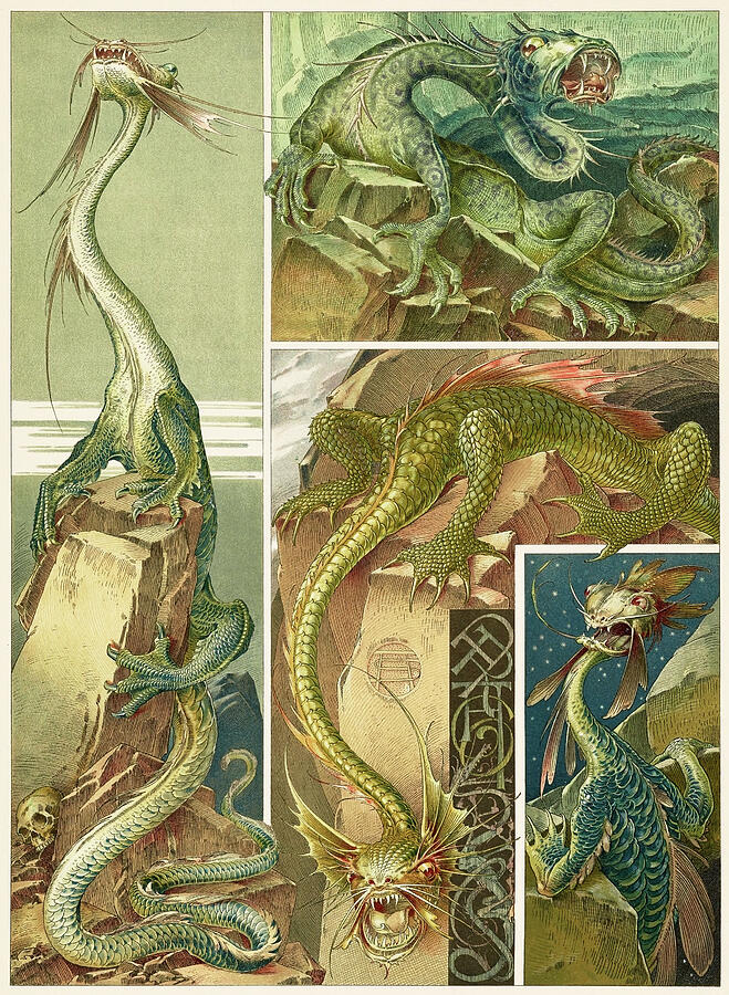 Anton Seder's Fantastic Dragons Drawing - Art nouveau motifs and design elements by Anton Seder - Four dragons by Anton Seder