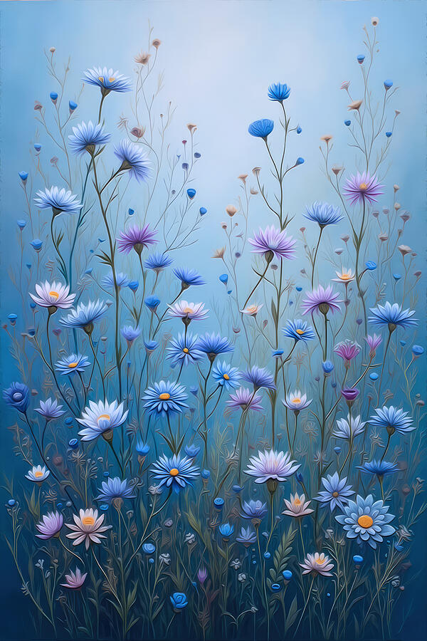 Elegant Blue Wildflowers Digital Art - Aster Wall Art Wildflowers Oil Painting by Nature Oil Painting