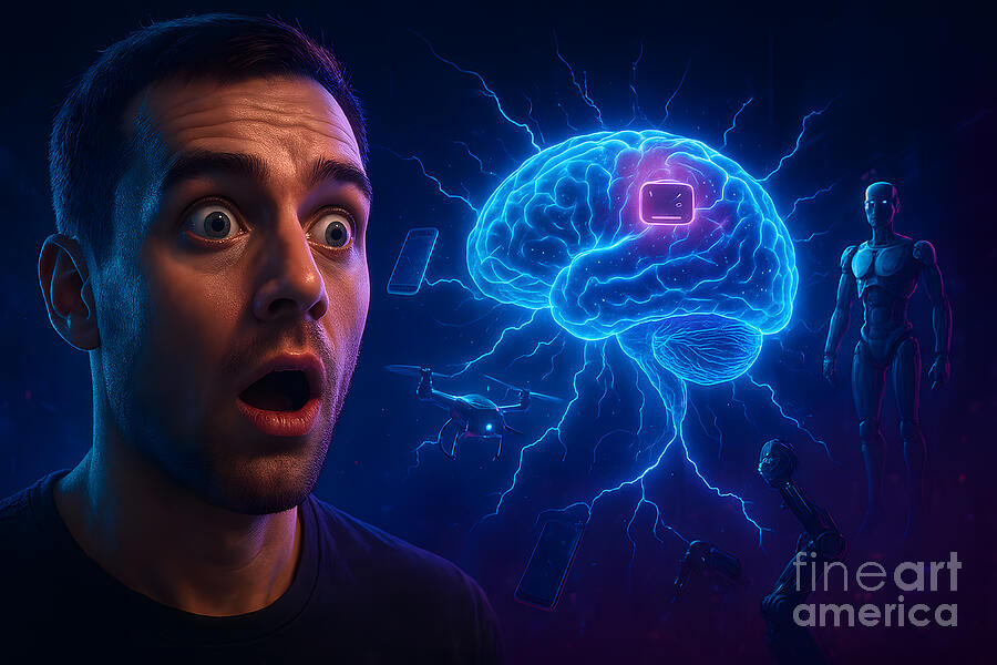 Man Brain Obsessing Astonished Man and Glowing Brain Ai Art by Sapiens Verbum - Metal Posters