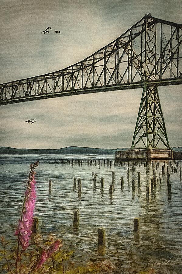 Astoria Waterfront Scene 4 - Astoria-Megler Bridge Painting by Jeffrey Kolker
