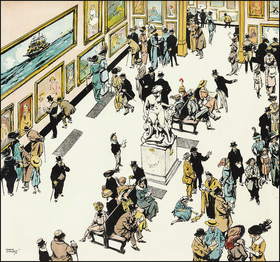 Busy Art Exhibition in Early 1900s London Drawing - At the R.A  - exhibition in the Royal Academy of Art - London city life in the early 1900s by Tony S by Tony Sarg