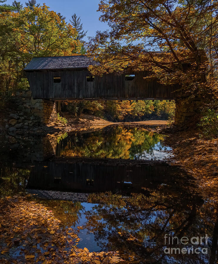 Charming Autumn Covered Bridge Photograph - Autumn at Lovejoy Covered Bridge 2 by Ron Long Ltd Photography