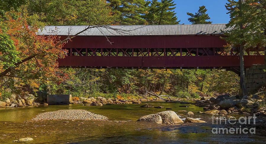Red Covered Bridge in Autumn Photograph - Autumn at Swift River Bridge by Ron Long Ltd Photography