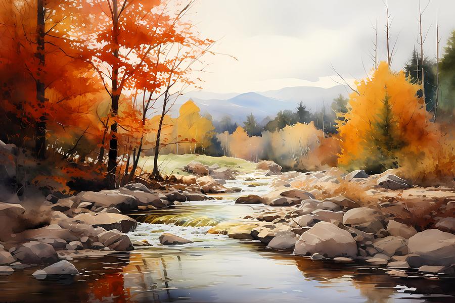 Autumn in New England in Watercolor Style No 1 Digital Art by Andre Petrov