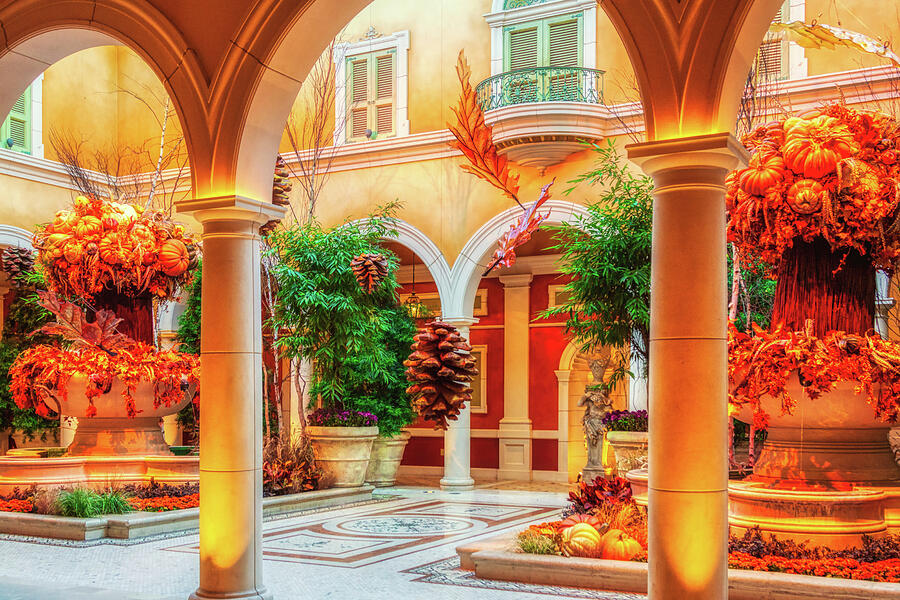 Courtyard with Vibrant Autumn Decor Photograph - Autumn wealth, Bellagio Las Vegas by Tatiana Travelways