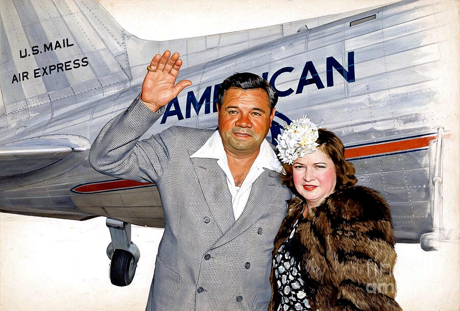Babe Ruth and his wife Claire in front of an American Airlines plane ...