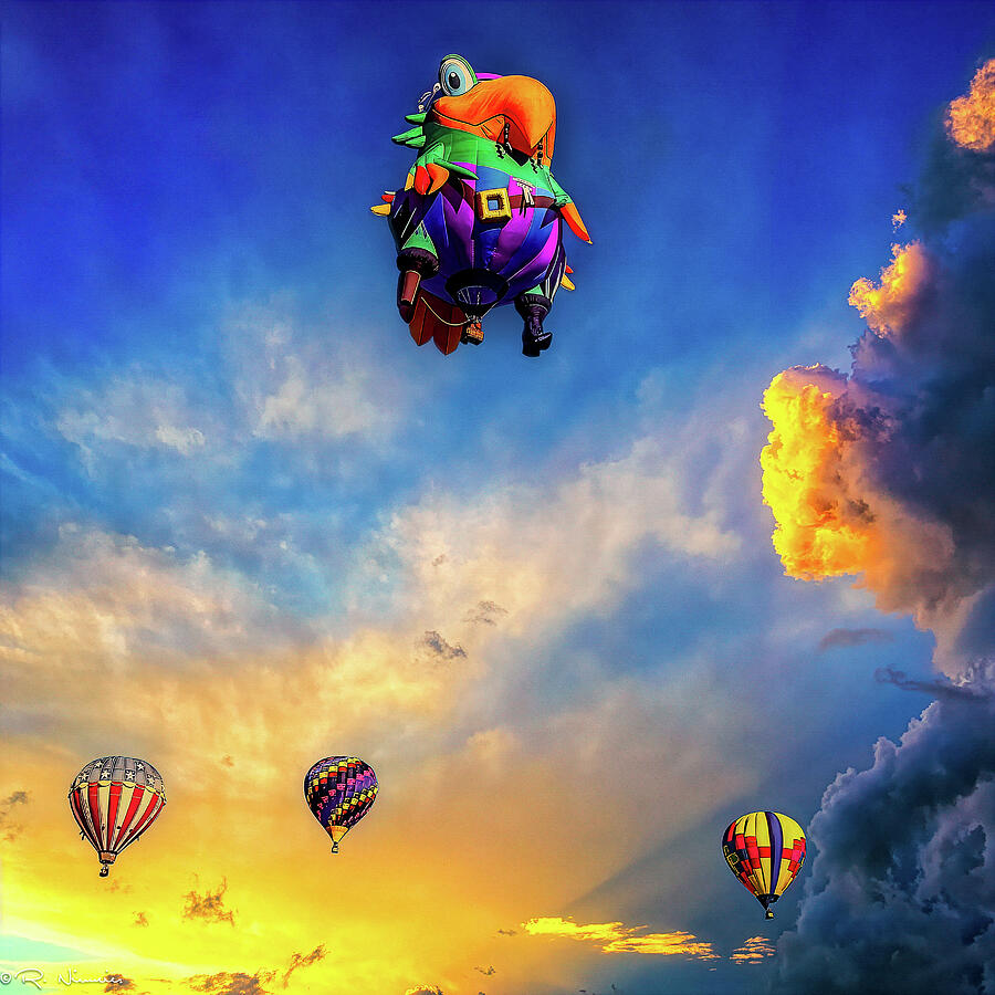 Colorful Hot Air Balloons at Sunset Photograph - Balloon Parade In Sky Albuquerque Balloon Fiesta Sunset Colorful Hot Air Balloons Over Drama by Robert Niemeier