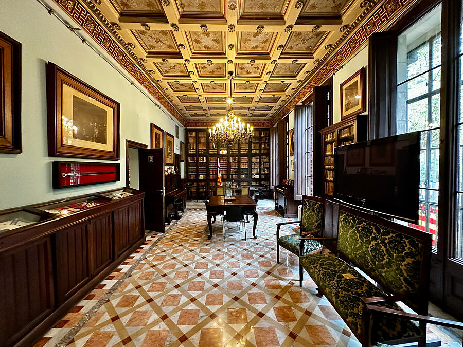 Elegant Historic Library Room Photograph - Barcelona Biblioteca Publica Arus Grand Hall with Chandelier and Library Bookshelves in Catalonia by Travel Essayist