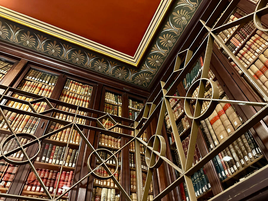 Elegant Library Interior with Books Photograph - Barcelona Biblioteca Publica Arus Ornate Library Collection and Decorative Metal Railing by Travel Essayist