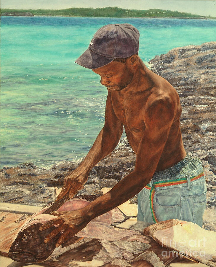 Man Cleaning Fish by the Shore Painting - Bayside II by Roshanne Minnis-Eyma
