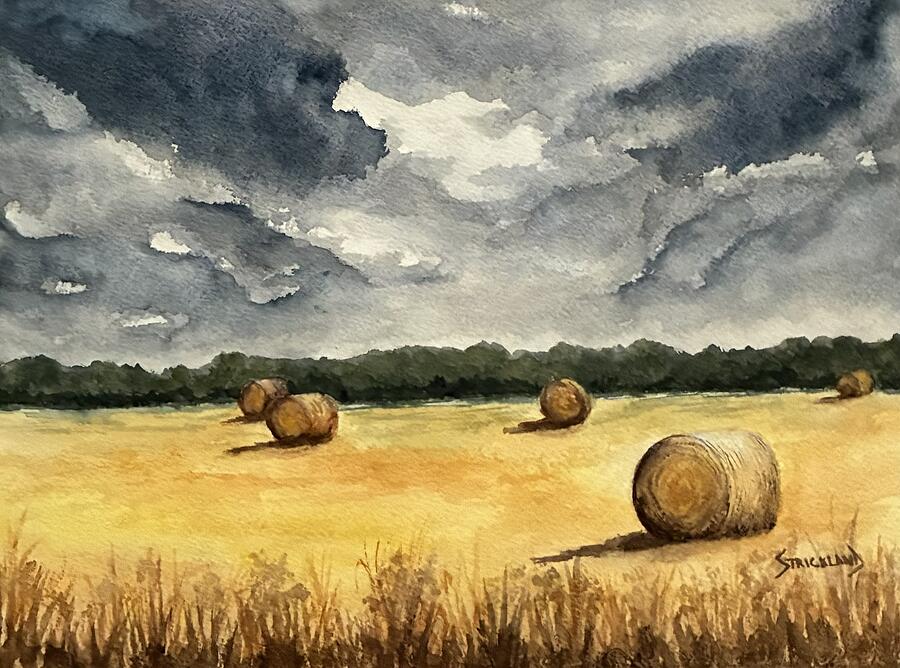 Stormy Sky Over Hay Bales Painting - Before the Storm Breaks by Judy Strickland