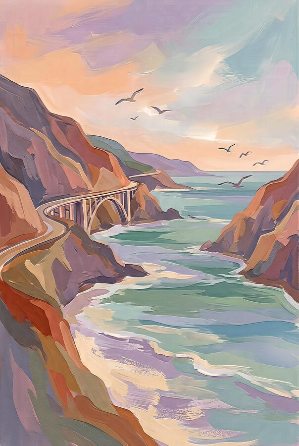 Coastal Cliffside Roadway Digital Art - Big Sur, California Coastal Cliffside Roadway by Nature Oil Painting